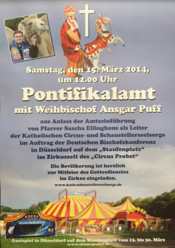 Plakat Amtseinführung des Circus- und Schaustellerpfarrers im Circus Probst in Düsseldorf 2014